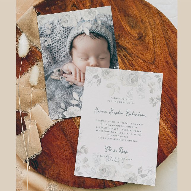 Sweet Floral Sketch | Baptism with Photo Back Invitation (A sweet, neutral Baptism invitation with elegant sketched flowers with a photo back)