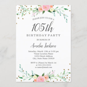 Sweet Floral Sparkle Confetti 105th Birthday Party Invitation