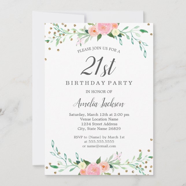 Sweet Floral Sparkle Confetti 21st Birthday Party Invitation (Front)