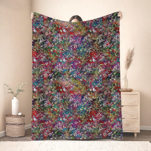 Sweet flowers and leaves red black monogram floral fleece blanket