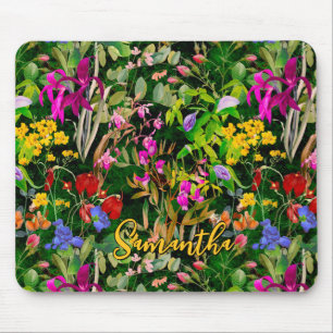 Sweet flowers leaves green monogram pattern mouse pad