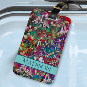 Sweet flowers leaves red monogram floral pattern luggage tag