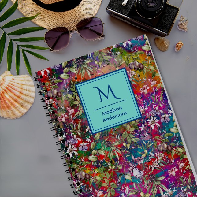Sweet flowers leaves red monogram floral pattern notebook (Creator Uploaded)