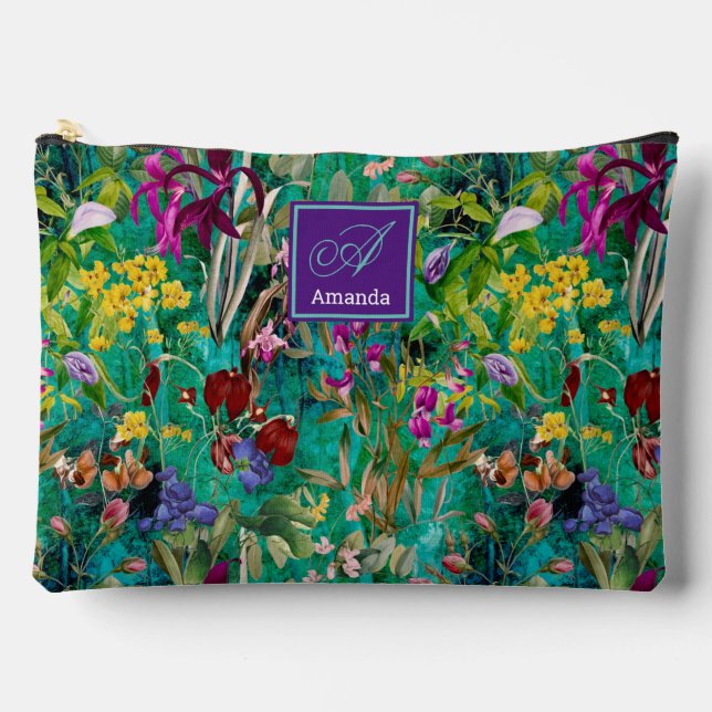 Sweet flowers leaves turquoise monogram pattern accessory pouch (Front)