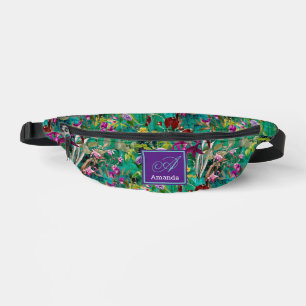 Sweet flowers leaves turquoise monogram printed fanny pack