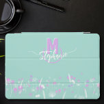 Sweet flowers monogrammed  iPad pro cover<br><div class="desc">This beautiful iPad cover is decorated with a flower field,  in sweet pink and white tones,  on a light green background. 
On the top,  your first name and your initial are subtly interlaced in a semi opened circle. Trendy and elegant</div>