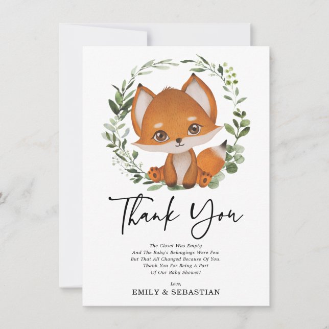 Sweet Fox Greenery Forest Baby Shower Birthday Thank You Card (Front)