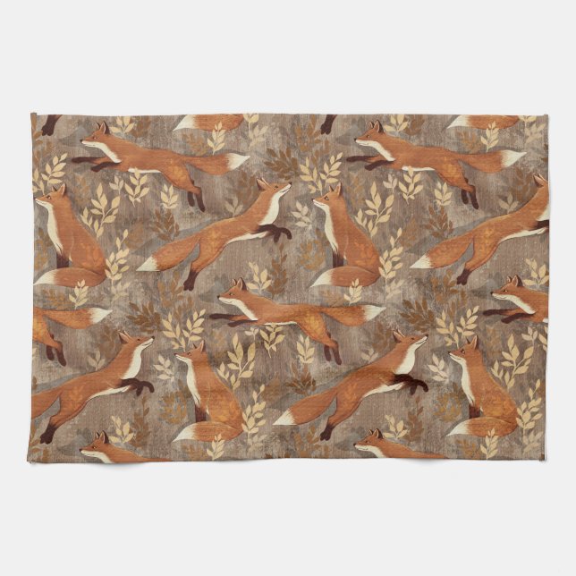 Sweet Fox Pattern in Fall Neutrals Kitchen Towel (Horizontal)