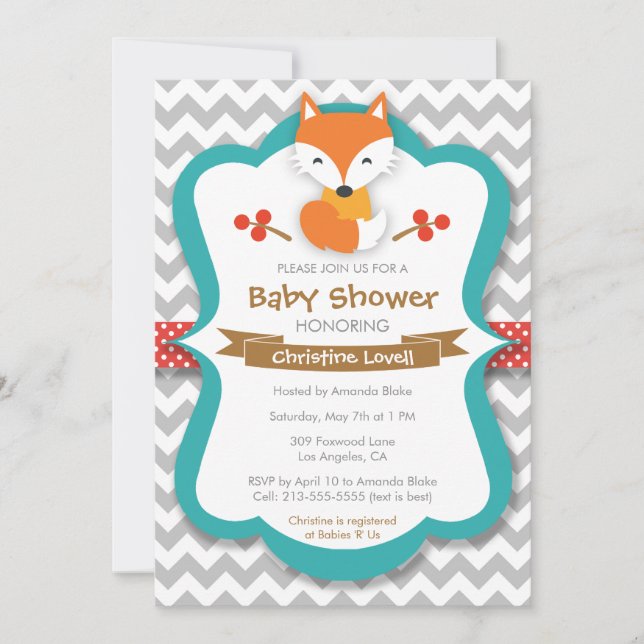 Sweet Fox Red & Turquoise Baby shower Invitation (Devant)