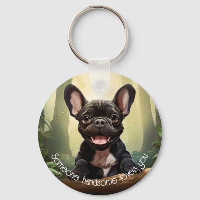 😍Sweet Frenchie puppy in a forest Keychain (Front)