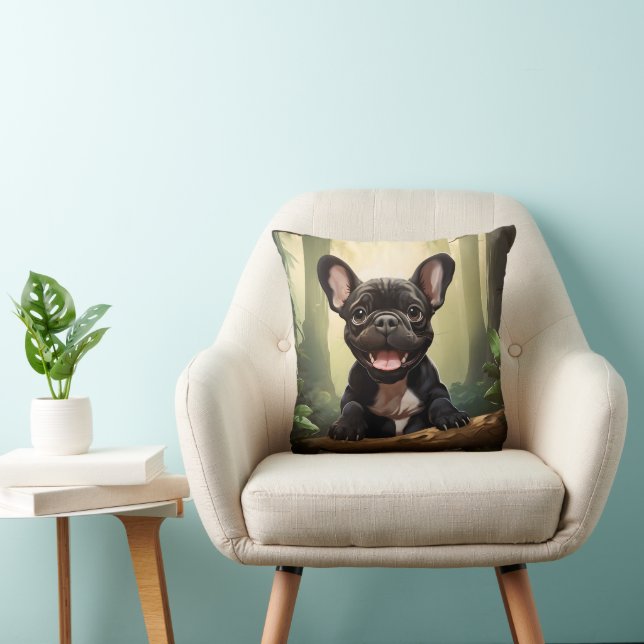 😍Sweet Frenchie puppy in a forest Throw Pillow (Chair)