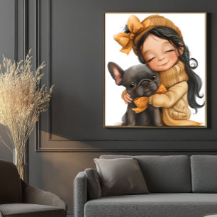 Sweet Friendship: Girl Cuddling Her French Bulldog Poster