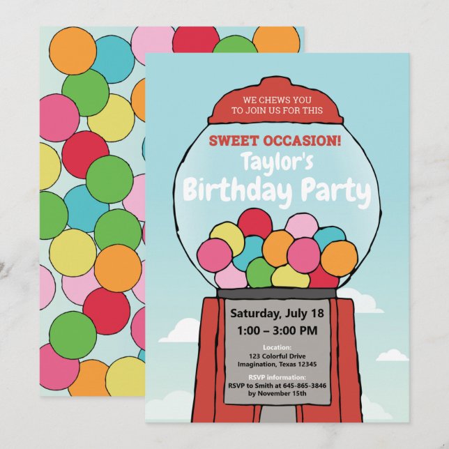 Sweet Fun ! Gumball Thème Anniversaire Invitations (Devant / Derrière)