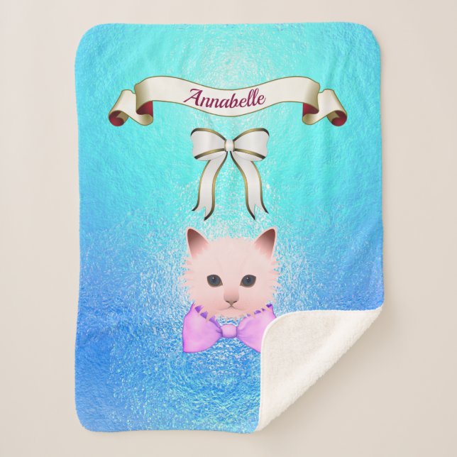 Sweet Funny Cat with Bow Name Personalize Sherpa Blanket (Front)