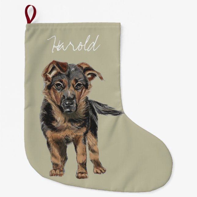 Sweet German Shepherd Puppy Drawing Large Christmas Stocking (Front)