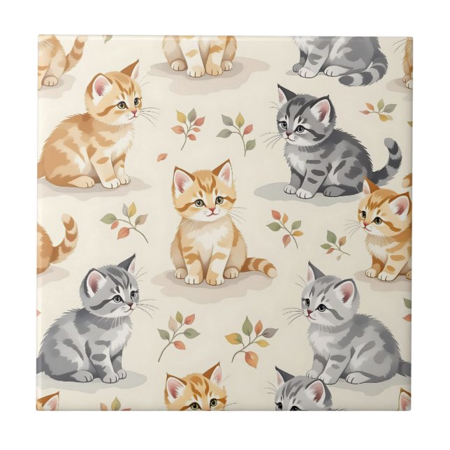 Sweet Ginger and Grey Kitten Watercolor Seamless  Tile (Front)