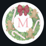 Sweet Gingerbread Candy Canes Christmas Wreath Classic Round Sticker<br><div class="desc">A holidays sticker with space for a single letter monogram inside the wreath. The watercolor elements (wreath,  candy canes,  gingerbread man and bow) were originally handpainted by me in watercolors onto 100% cotton paper before being scanned and arranged / styled digitally.</div>