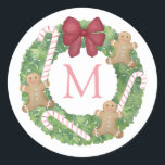 Sweet Gingerbread Candy Canes Christmas Wreath Classic Round Sticker<br><div class="desc">A holidays sticker with space for a single letter monogram inside the wreath. The watercolor elements (wreath,  candy canes,  gingerbread man and bow) were originally handpainted by me in watercolors onto 100% cotton paper before being scanned and arranged / styled digitally.</div>