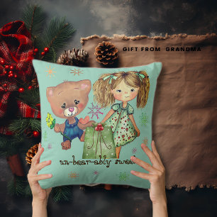 Sweet Girl and Teddy Bear Teal Throw Pillow
