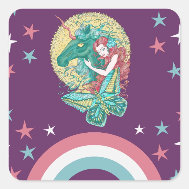 Sweet Girl And Unicorn Drawing  Square Sticker (Front)