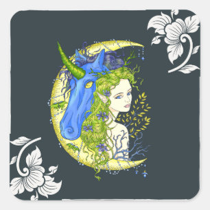 Sweet girl and unicorn drawing square sticker