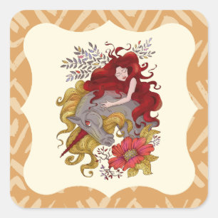Sweet Girl And Unicorn Flowers Drawing Square Sticker