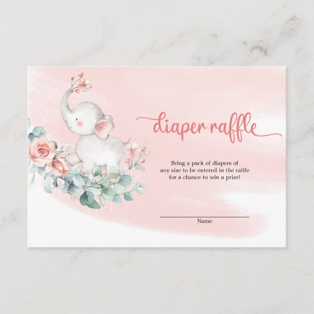 Sweet girl baby elephant eucalyptus diaper raffle enclosure card (Front)