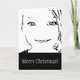 Sweet Girl, Black White Portrait, Merry Christmas Holiday Card