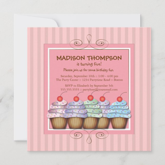 Sweet Girl Cupcake Birthday Party Invitation (Front)