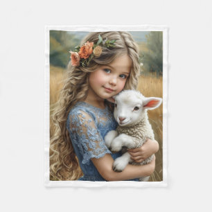 Sweet Girl Holding a Cute Lamb in a Country Field Fleece Blanket