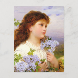 Sweet Girl with Lilac Flowers Vintage Art Postcard