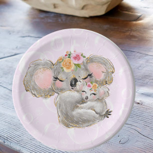 Sweet Girly Watercolor Koala Pink Baby Shower Paper Plate
