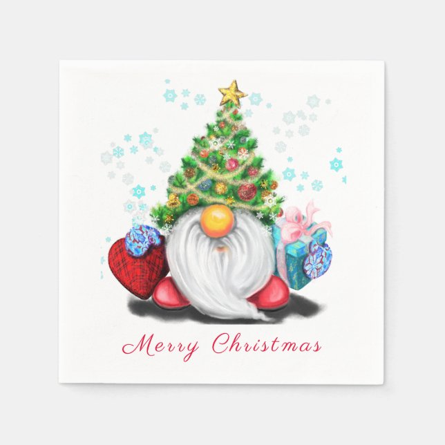 Sweet Gnome with Christmas Tree Hat and Gifts Napkin (Front)