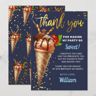 Sweet Gold Chocolate Ice Cream Birthday Navy Blue Thank You Card