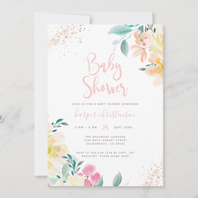Sweet Gold Glitter Blush Pink Floral Baby Shower Invitation (Front)