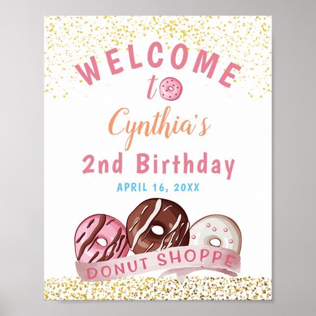 Sweet Gold Glitter Doughnut Birthday Party  Poster (Front)