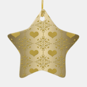 Sweet Gold Hearts Damask Pattern Ceramic Ornament