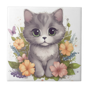 Sweet Gray Kitten with Flowers Kawaii Chibi Tile