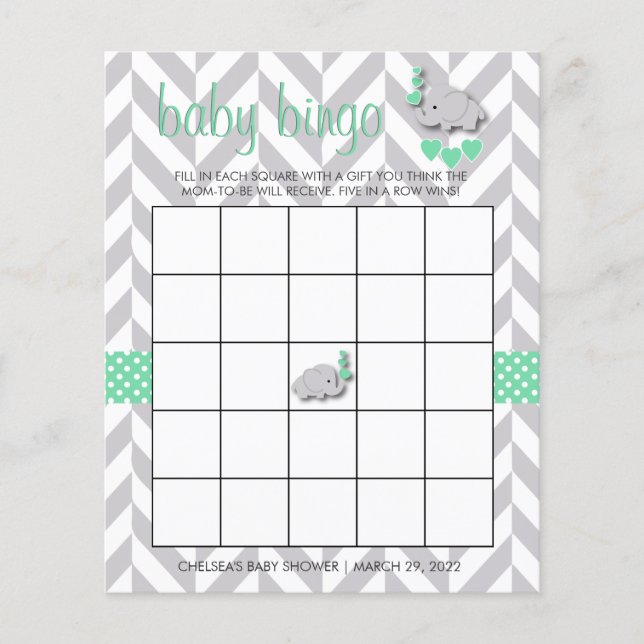 Sweet Green and Grey Elephant Baby Shower Bingo Flyer (Front)