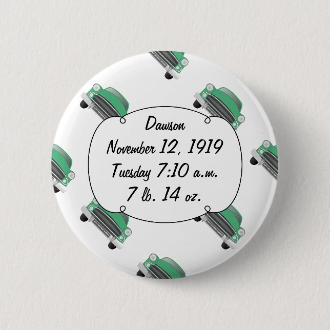 Sweet Green Classic Car Baby Boy Stats 2 Inch Round Button (Front)