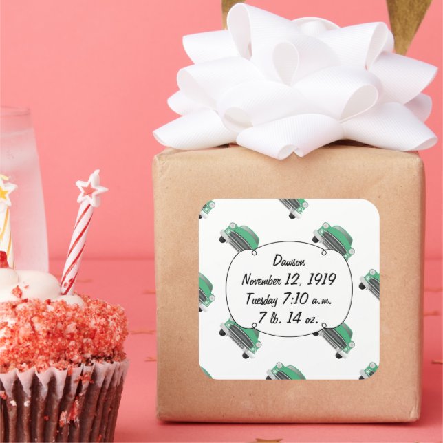 Sweet Green Retro Car Baby Boy Gifts Square Sticker (Party)