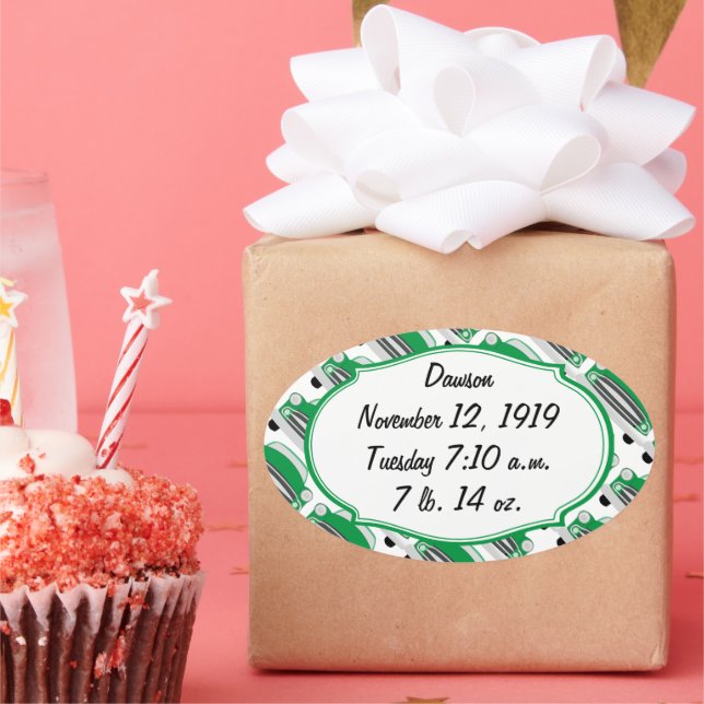 Sweet Green Retro Car Baby Shower Announcement Oval Sticker (Party)