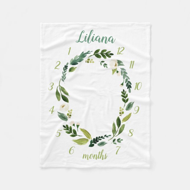 Sweet Greenery Baby Name Monthly Milestone Photo Fleece Blanket (Front)