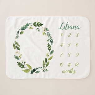 Sweet Greenery Baby Name Monthly Milestone Photo Sherpa Blanket