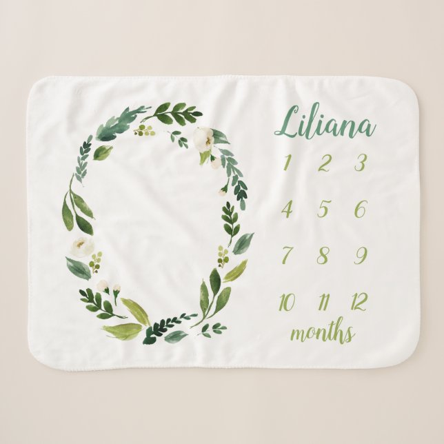 Sweet Greenery Baby Name Monthly Milestone Photo Sherpa Blanket (Front (Horizontal))