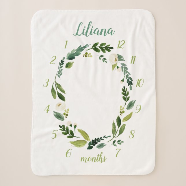 Sweet Greenery Baby Name Monthly Milestone Photo Sherpa Blanket (Front)