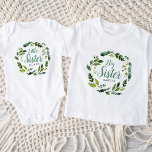 Sweet Greenery Floral Big Sister Name Monogram Baby T-Shirt<br><div class="desc">Adorable custom printed matching sister t-shirts personalized with your girl's name. This cute and stylish design has a watercolor wreath of greenery and flowers with Big Sister text in aqua script font. Add your daughter's name below or use the design tools to choose any fonts and colours you like. Choose...</div>