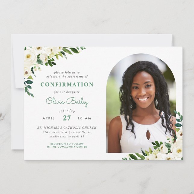 Sweet Greenery Floral Photo Confirmation Invitation (Front)