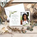Sweet Greenery Floral Photo Confirmation Invitation<br><div class="desc">Affordable custom printed Holy Confirmation invitations personalized with your event details and photo. This pretty botanical design features a watercolor frame of green leaves and ivory roses. Use the design tools to customize the text, edit the fonts and colours or add your own photos to create a one of a...</div>
