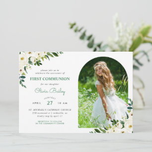 Sweet Greenery Floral Photo First Communion Invitation